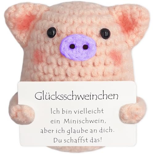 Tixlux Glücksschweinchen, Kreative Strickwolle Minischwein Puppe, Mutmacher Geschenk, Gute Besserung Geschenk, Glücksbringer Prüfung Geschenk, Abschieds Geschenk, Einschulung Geschenk (Lila Nase) von Tixlux