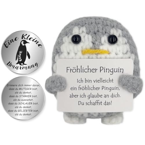 Tixlux Pocket Hug Fröhlicher Pinguin, Kreative Strickwolle Pinguin Puppe und Kleine Umarmung Glücksbringer, Mutmacher Geschenk, Gute Besserung Geschenk, Einschulung Geschenk (Grau) von Tixlux