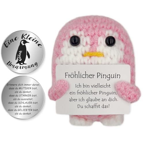 Tixlux Pocket Hug Fröhlicher Pinguin, Kreative Strickwolle Pinguin Puppe und Kleine Umarmung Glücksbringer, Mutmacher Geschenk, Gute Besserung Geschenk, Einschulung Geschenk (Rosa) von Tixlux