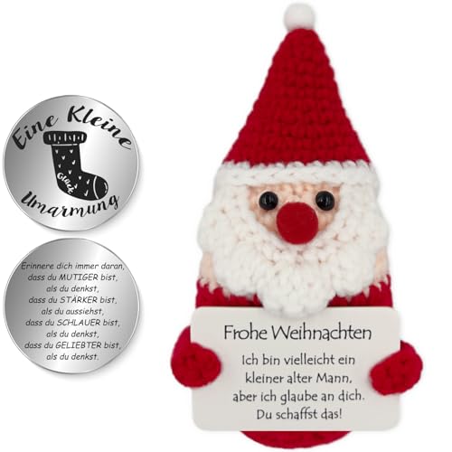 Tixlux Pocket Hug Frohe Weihnachten, Kreative Strickwolle Kleiner Alter Mann Puppe und Kleine Umarmung Glücksbringer, Mutmacher Geschenk, Gute Besserung Geschenk von Tixlux