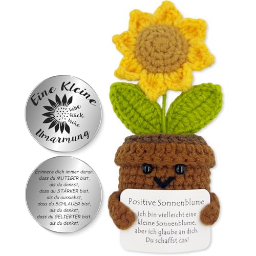 Tixlux Pocket Hug Positive Sonnenblume, Kreative Strickwolle Sonnenblume Puppe und Kleine Umarmung Glücksbringer (Silber), Mutmacher Geschenk, Gute Besserung Geschenk, Einschulung Geschenk von Tixlux