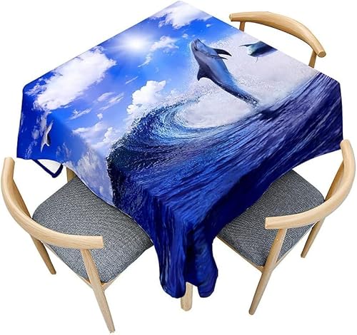 Tischdecke Outdoor Delphin Tischdecken Abwaschbar 3D Blaue Wellen Tischdecke Wetterfest Wasserdicht für Weihnachten Party Biertisch, 140x180 cm E/F918 von Tizhweqo