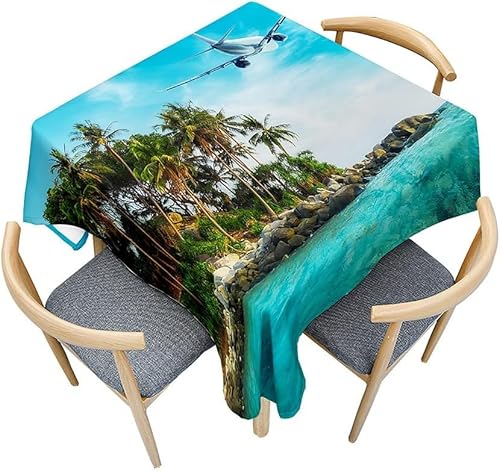 Tischdecke Outdoor Flugzeug Tischdecken Abwaschbar 3D Tropische Palmen Tischdecke Wetterfest Wasserdicht für Weihnachten Party Biertisch, 140x140 cm E/F756 von Tizhweqo