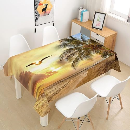 Tischdecke Outdoor Palme Tischdecken Abwaschbar 3D Blick Auf Das Meer Bei Sonnenuntergang Tischdecke Wetterfest Wasserdicht für Weihnachten Party Biertisch, 100x100 cm A/B411 von Tizhweqo