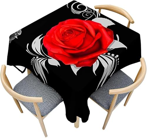 Tischdecke Outdoor Rote Rose Tischdecken Abwaschbar 3D Romantisches Thema Tischdecke Wetterfest Wasserdicht für Weihnachten Party Biertisch, 150x150 cm A/B2893 von Tizhweqo