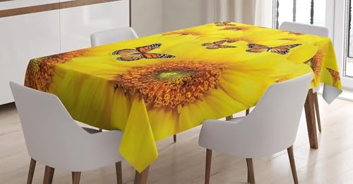 Tischdecke Outdoor Sonnenblume Tischdecken Abwaschbar 3D Schmetterling Tischdecke Wetterfest Wasserdicht für Party Biertisch, 140x140 cm P/Q von Tizhweqo