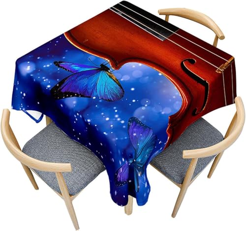 Tischdecke Outdoor Violine Tischdecken Abwaschbar 3D Blauer Schmetterling Tischdecke Wetterfest Wasserdicht für Weihnachten Party Biertisch, 140x140 cm E/F1108 von Tizhweqo