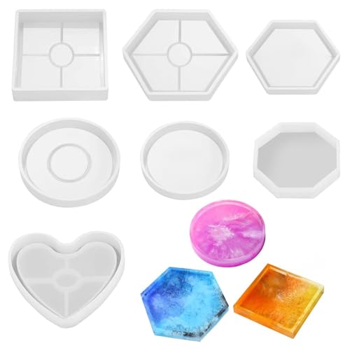 Tkxjry 7 Stück ntersetzer Epoxidharz Formen, Untersetzer Epoxidharz Formen, DIY Würfel Silikonformen, Silikonform Teller Rund Quadrat Hexagon für DIY Tablett Obsttablett Kunsthandwerk Heimdekoration von Tkxjry