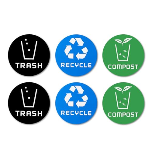 Aufkleber für Recycling-Mülleimer, rund, selbstklebend, Vinyl, wasserdicht, für drinnen und draußen, 6 Stück von Tlarsun