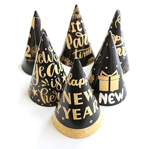 Tlarsun 12 Stück 2024 Neujahrshüte in Schwarz und Gold, Papierfarbe, 3D-Hüte für Hochzeit, Weihnachten, Happy New Year-Party, Fotografie-Requisiten, Geschenk von Tlarsun