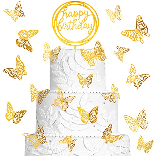 48 Stück Gold Schmetterling Kuchendekorationen 3D Schmetterling Kuchen Dekorationen Hohl Cupcake Topper & 1 Big Happy Birthday Acryl Kuchendekoration für Geburtstag Hochzeit Party Baby Shower Dekoration von Tmtains