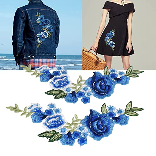 1 Paar Blue Rose Stickerei Patch Schöne Blumen Bestickte Applikationen für Kleidung von Tnfeeon