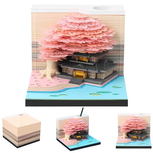 3D Notizblock mit LED Leuchten und Stifthalter Kreative Tischkalender Notizblock 3D Memo Pad Papier Kann auch als Schreibtisch kalender Kreatives Papierskulptur Bastel DIY Geschenk (Pinke Blume) von Toaboa