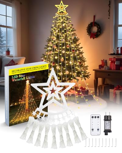 TobeBright Lichterkette Weihnachtsbaum, LED Lichterkette Wasserfall 9 Stränge 3.5M 360 LEDs mit Sterne, Dimmbar 8 Modi Lichterkette Sterne für Weihnachtsbaum Party Hof von TobeBright