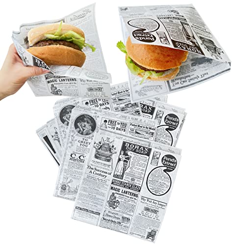 Tocnvoe - 200 Stück Hamburger Papiertüte, 19X17 cm, Zeitungsmuster, Fettdichtes Lebensmittelpapier, Langlebig, Feuchtigkeits und Fettbeständig, Papiertüte für Sandwiches, Burger, Snacks von Tocnvoe