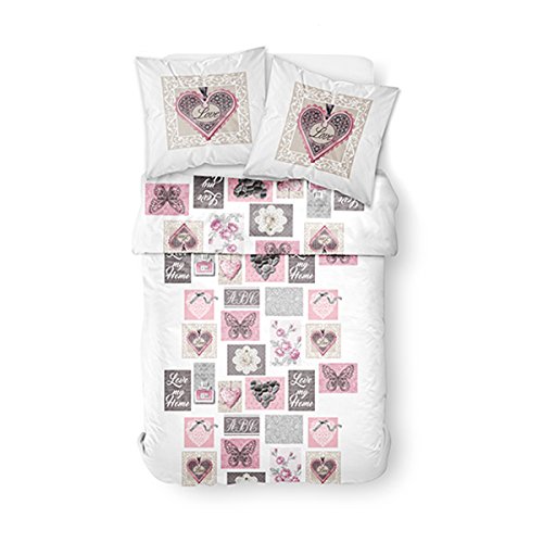 TODAY HC3 Bettwäsche 2 Personen 100% Only Love My Home Bettbezug 240 x 220 cm + 2 Kissenbezüge 63 x 63 cm, Polyester, Weiß, Rosa, 220 x 240 cm von Today