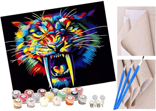 ToeTs Malen nach Zahlen Bunter tierischer Säbelzahntiger Für Erwachsene und Kinder DIY Ölgemälde Geschenk-Kits Vorgedruckte Leinwand Kunst Home Decoration 16x20 Zoll von ToeTs