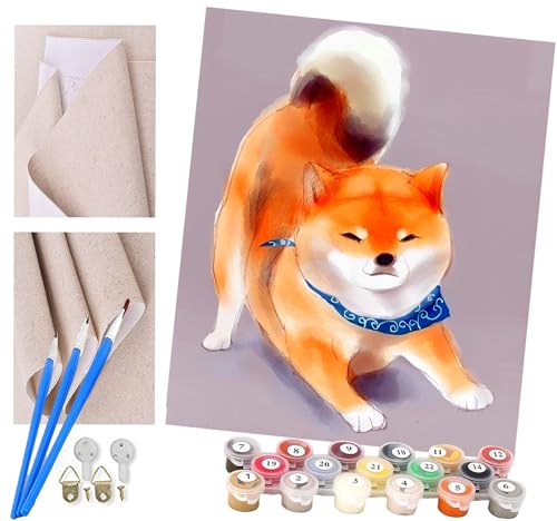 ToeTs Malen nach Zahlen Niedlicher Hund Akita Shiba Inu Für Erwachsene und Kinder DIY Ölgemälde Geschenk-Kits Vorgedruckte Leinwand Kunst Home Decoration 16x20 Zoll von ToeTs