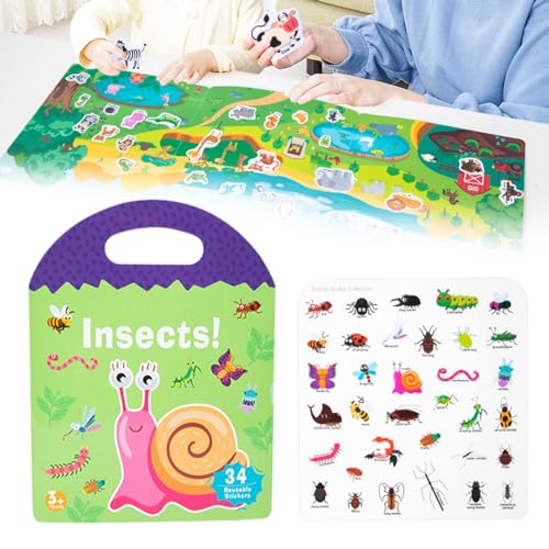 Reusable Sticker Book, 2024 Neu Wiederverwendbare wasserdichte Stickerbuch, Sticker für Stickeralbum 3-6-jährige Jungen, Mädchen, Kleinkinder Sticker von Tieren, Weltraum (Insekten) von Toerjii