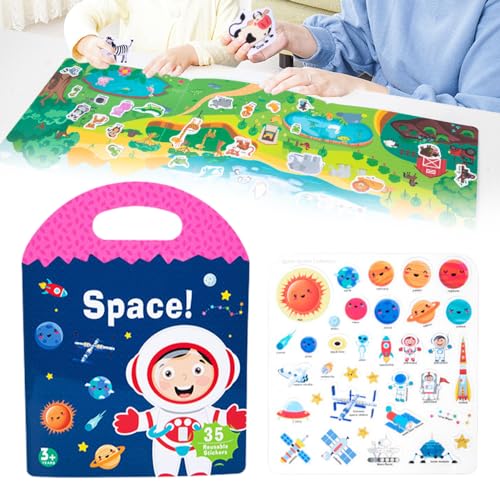 Reusable Sticker Book, 2024 Neu Wiederverwendbare wasserdichte Stickerbuch, Sticker für Stickeralbum 3-6-jährige Jungen, Mädchen, Kleinkinder Sticker von Tieren, Weltraum (Weltraum) von Toerjii