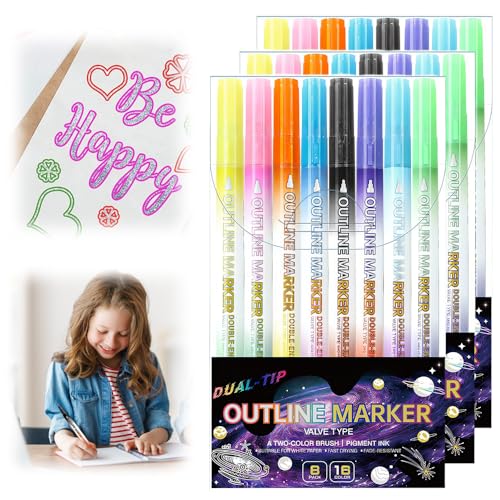 Toerjii Dual-Line Highlighter, Metallic Marker Stifte Metallischen Marker,16 Farben Outline Stift,Double Line Outline Pen Glitzer Zweizeiliger Stift Wasserfester Stift Schnelltrocknend (3) von Toerjii