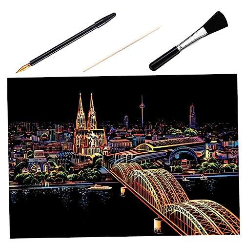 Tofficu 1 Set 4Pcs Kratzpapierhandwerk Bastelsets Folierung Rubbelaufkleber Kratzbild Werkzeug Kratzbild Kunsthandwerk Malerei abkratzen Nachtansicht Kratzzeichnung Hölzern Black von Tofficu