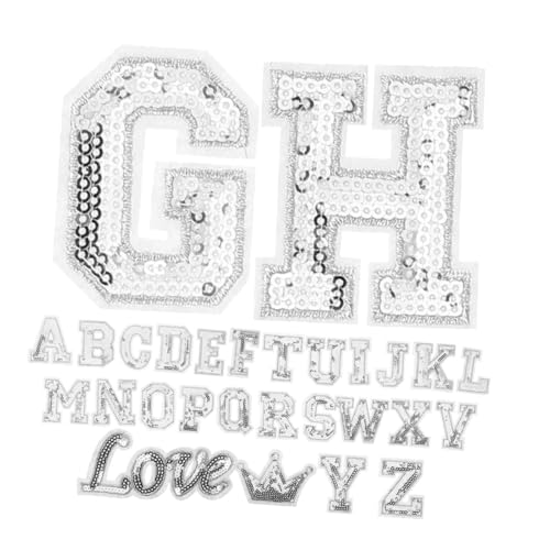 Tofficu 56st Aufnäher Mit Buchstabenstickerei Vorlagen Für Spitzenlineale Stoffetikett Mit Pailletten Gesticktes Etikett Mit Pailletten Spitzen-vorlagen Patch-pailletten Polyester Silver von Tofficu