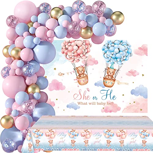 Gender Reveal Dekorationen Teddybär – 131 Stück Geschlechtsoffenbarung Partyzubehör, Teddybär Gender Reveal Hintergrund, Ballonbogen/Girlande, Elefantengeschlecht offenbarung Tabblecloth von Togefun