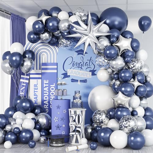 Blau Silber Ballon Girlande Bogen Kit, Marineblau Weiß Ballonbogen Kit, Königsblau Metallic Silber Konfetti Ballons Stern Folienballons für Abschlussfeier Geburtstag Hochzeit Babyparty Party von Togvu