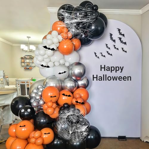 Halloween-Ballonbogen-Set, 105 Stück, Schwarz Orange Silber Luftballons mit 12 Stück 3D Fledermaus Wandaufkleber und Spinnennetz, DIY Orange Schwarz Metallic Silber Luftballons Girlande für gruselige Halloween-Ballonbogen-Set, 105 Stück, Schwarz Orange Silber Luftballons mit 12 Stück 3D Fledermaus Wandaufkleber und Spinnennetz, DIY Orange Schwarz Metallic Silber Luftballons Girlande für gruselige von Togvu