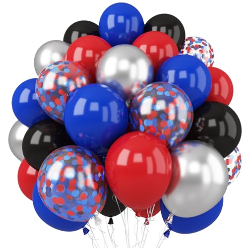 Luftballon Rot Blau Schwarz, 12 Zoll Dunkelblau Rot Schwarz Silber Metallic Latex Ballons mit Konfetti Luftballons für Kinder Jungen Spinnen Held Thema Geburtstag Halloween Dekoration von Togvu