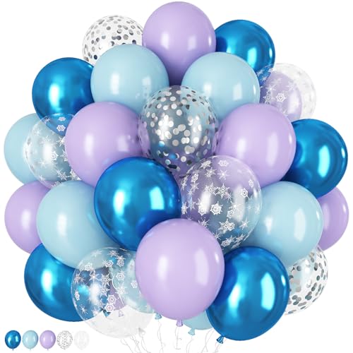 60 Stk Luftballon Frozen Deko, Frozen Geburtstagsdeko Dusty Blau Lila Metallic Dunkelblau mit Schneeflocke Silber Konfetti Ballons für Mädchen Winter Geburtstag Babyparty Weihnachts Party Dekorationen von Togvu