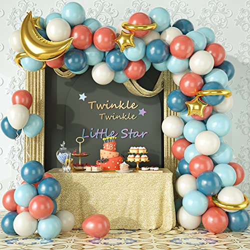 Luftballons Girlande, Blau Rosa Weiß Blaugrün Latex Ballons mit Goldenen Sternen Mond Folienballons, Meeresblau Altrosa Balloongirlande Kit für Gender Reveal Weltraum Geburtstag Babyparty Party Deko von Togvu