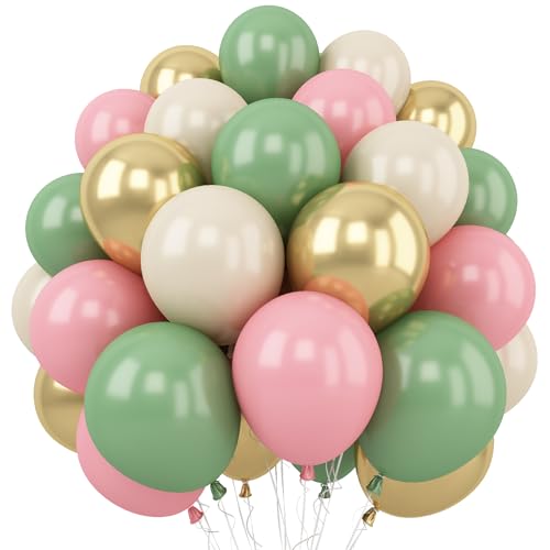 Sage Grün und Rosa Luftballons, 60 Stück 12 Zoll Retro Grün Rosa und Metallic Gold Latex Luftballons, Salbei Grün Sand Weiß Party Ballons für Dschungel Kinder Geburtstag Babyparty Dekoration von Togvu