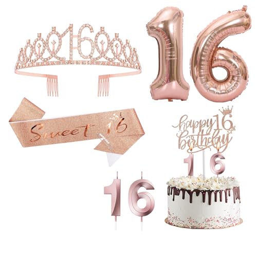 16th Geburtstags Krone und Schärpe, Roségoldene Geburtstagsdekorationen für Frauen mit Schärpe zum 16. Geburtstag, Strass-Tiara, Tortenaufsatz, Zahlenkerzen und Luftballons zum 16. Geburtstag von Toionmm