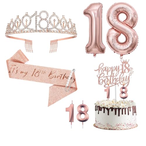 18th Geburtstags Krone und Schärpe, Roségoldene Geburtstagsdekorationen für Frauen mit Schärpe zum 18. Geburtstag, Strass-Tiara, Tortenaufsatz, Zahlenkerzen und Luftballons zum 18. Geburtstag von Toionmm