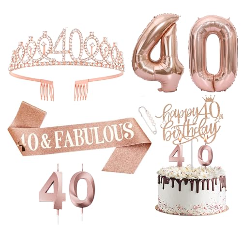 40th Geburtstags Krone und Schärpe, Roségoldene Geburtstagsdekorationen für Frauen mit Schärpe zum 40. Geburtstag, Strass-Tiara, Tortenaufsatz, Zahlenkerzen und Luftballons zum 40. Geburtstag von Toionmm