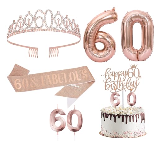 60th Geburtstags Krone und Schärpe, Roségoldene Geburtstagsdekorationen für Frauen mit Schärpe zum 60. Geburtstag, Strass-Tiara, Tortenaufsatz, Zahlenkerzen und Luftballons zum 60. Geburtstag von Toionmm