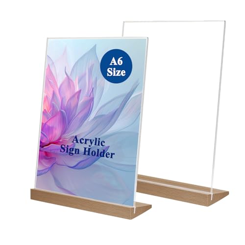 Toionmm 2 Stück Acryl Aufsteller A6, Tischaufsteller mit mit Holz Sockelboden, L Form Preisschilder Aufsteller, A6 Werbeaufsteller Acryl Schilderhalter für Hochzeit Restaurant Büro Cafe Acrylic Stand von Toionmm