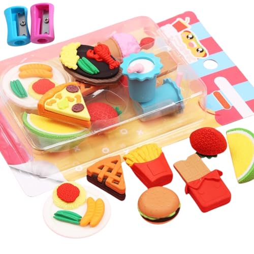 2 Set Mini Nachspeisen Radiergummi Set, Spielzeug-Radiergummi, Radierer Puzzle Spielzeug, Bunte lustige Radiergummi, Radiergummi Kinder Set mit 2 Bleistiftspitzer, Geeignet zum Lernen, Malen, Spielen von Tokaneit