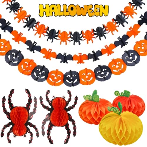 8-Teiliges Set Kürbisdeko Papierkugeln, Halloween Kürbis Papier Laterne, 3D Papier Kürbis Dekoration, Halloween Dekoration Girlande für Kinder Halloween Party Hochzeiten Garten Schlafzimmer Dekoration von Tokaneit