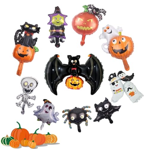 10 Stück Halloween Balloons, Halloween Ballon Dekoration Set, Halloween Deko Luftballons, Skelett Kürbisse Luftballons für Helium oder Luft, mit Geister Fledermaus Skelett Katze Kürbisse und Hexe von Tokaneit