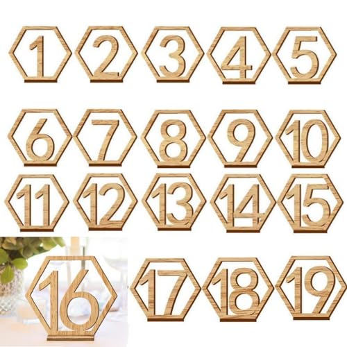 Holz Nummer Zahlen, Tischnummern Hochzeit, Holztischnummern, 1-20 Mit Halterbasis Hexagon Shape Party Card Tischhalter, Veranstaltungen Oder Catering Dekoration, 20 Stück von Tokaneit