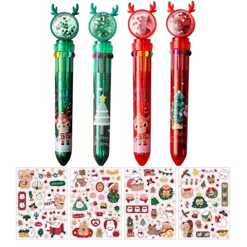 Tokaneit 4 Stück Weihnachts Kugelschreiber, Weihnachten Multicolor Kugelschreiber, 10-in-1 Druckkugelschreiber mit 4 Sticker Weihnachten, Für Studenten Kinder Weihnachten Party Geschenke Bag Fillers von Tokaneit