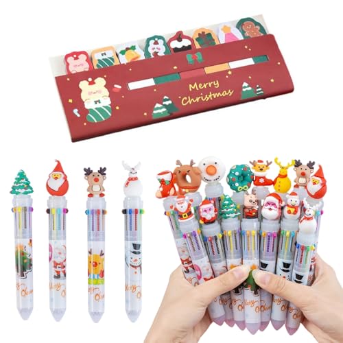 Tokaneit 5 Stück Weihnachts Kugelschreiber, Weihnachten Multicolor Kugelschreiber, 10-in-1 Druckkugelschreiber mit 120 Haftnotizen, Für Studenten Kinder Weihnachten Party Geschenke Bag Fillers von Tokaneit