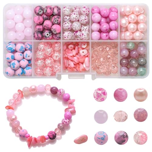 200 Stück 8mm Crackle Glasperlen zum Basteln Edelstein Perlen Rund Bunte Armband Bastel Perlen 10 Farben Schmucksteine mit Loch für Schmuckherstellung und DIY Handwerk Dekor Ohrringen (Rosa) von Tolenre