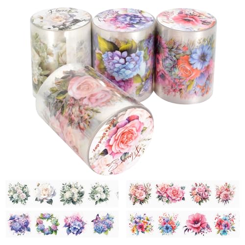 Washi Tape Set 4 Rolls Blumen PET Wide Washi Tapes Retro Pflanzen Washi Klebeband Transparent Sticker Floral Washi Tape Sticker für Bullet Journal Scrapbook Zubehör von Tolenre