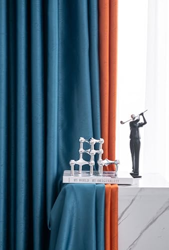 Tolldek 2er Set Wohnzimmer Vorhang, Vorhang Gardine Fenster Geometrisch Muster, Chenille Ösen Fenster Vorhang Deko, B 137 x H 183cm, Marineblau Orange von Tolldek