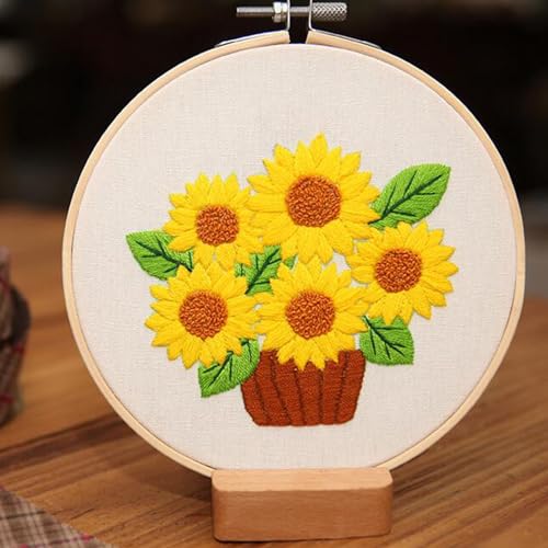 Tolovis Sonnenblumen-Blatt-Stickerei-Sets für Anfänger mit Sommerfluss-Blattmuster, einfaches Basteln, Stanznadel, Anfänger, Kreuzstich-Set, DIY-Nadelspitzen-Sets (ohne Reifen) von Tolovis