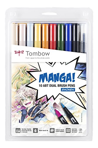 Tombow ABT-10C-MANGA1 Fasermaler, Dual Brush Pen mit zwei Spitzen, 10-er Manga Set Shonen von Tombow